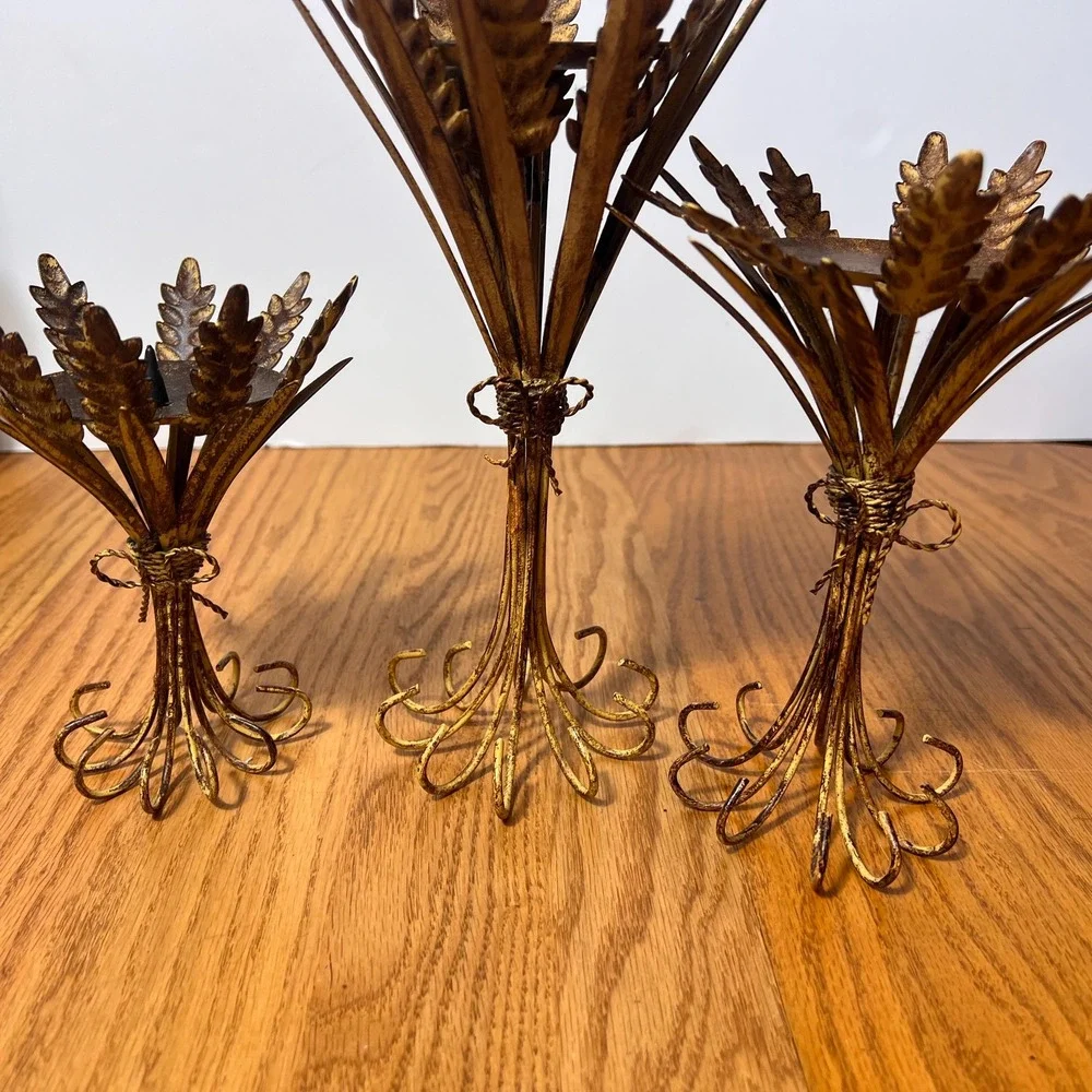 Vintage Wheat Sheaf Candle Holders Set of 3 Gold Metal Tole Hollywood Regency